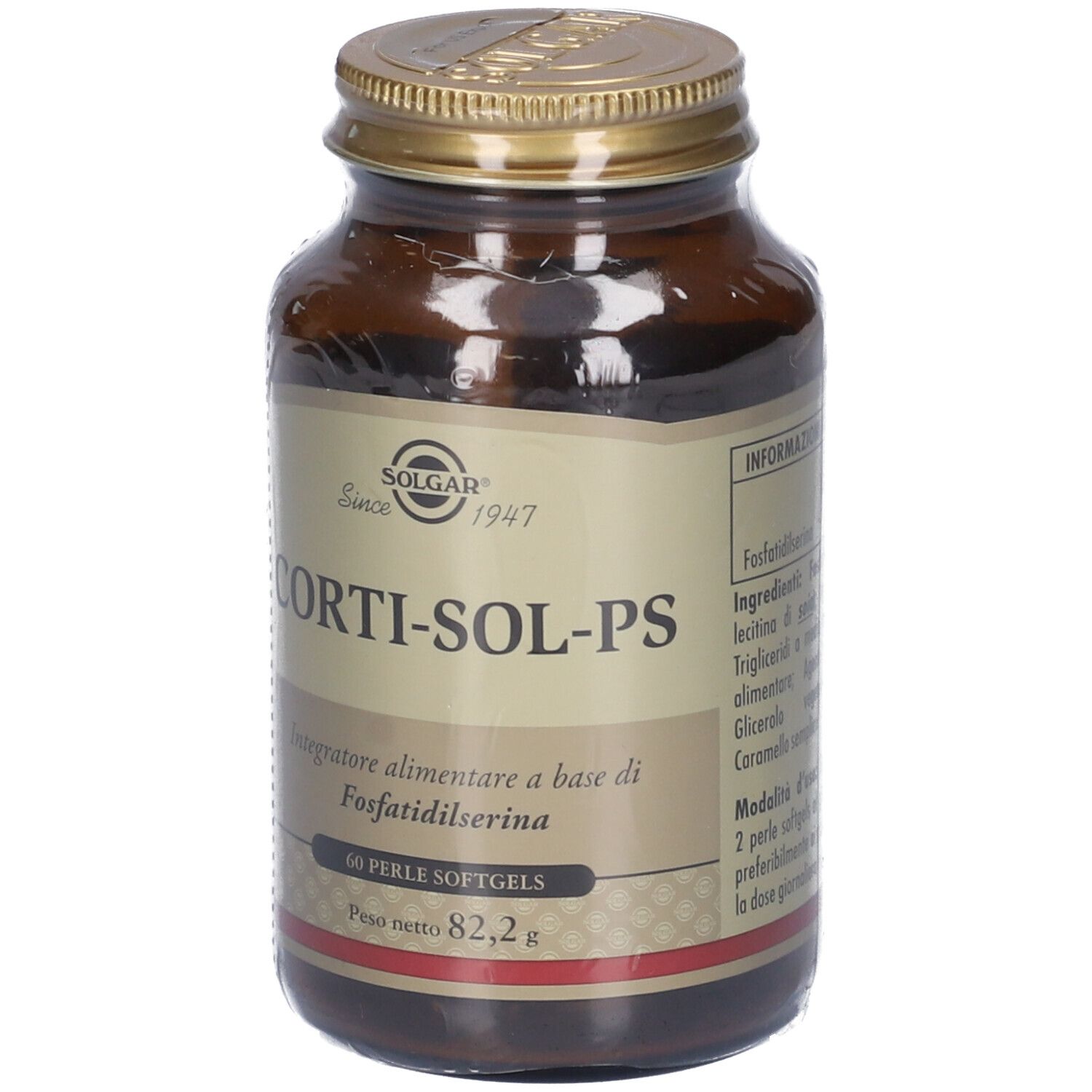 Bottiglia di vetro marrone con tappo dorato. Etichetta con nome Corti-Sol-PS e 60 Perle Softgels. Marchio Solgar.
