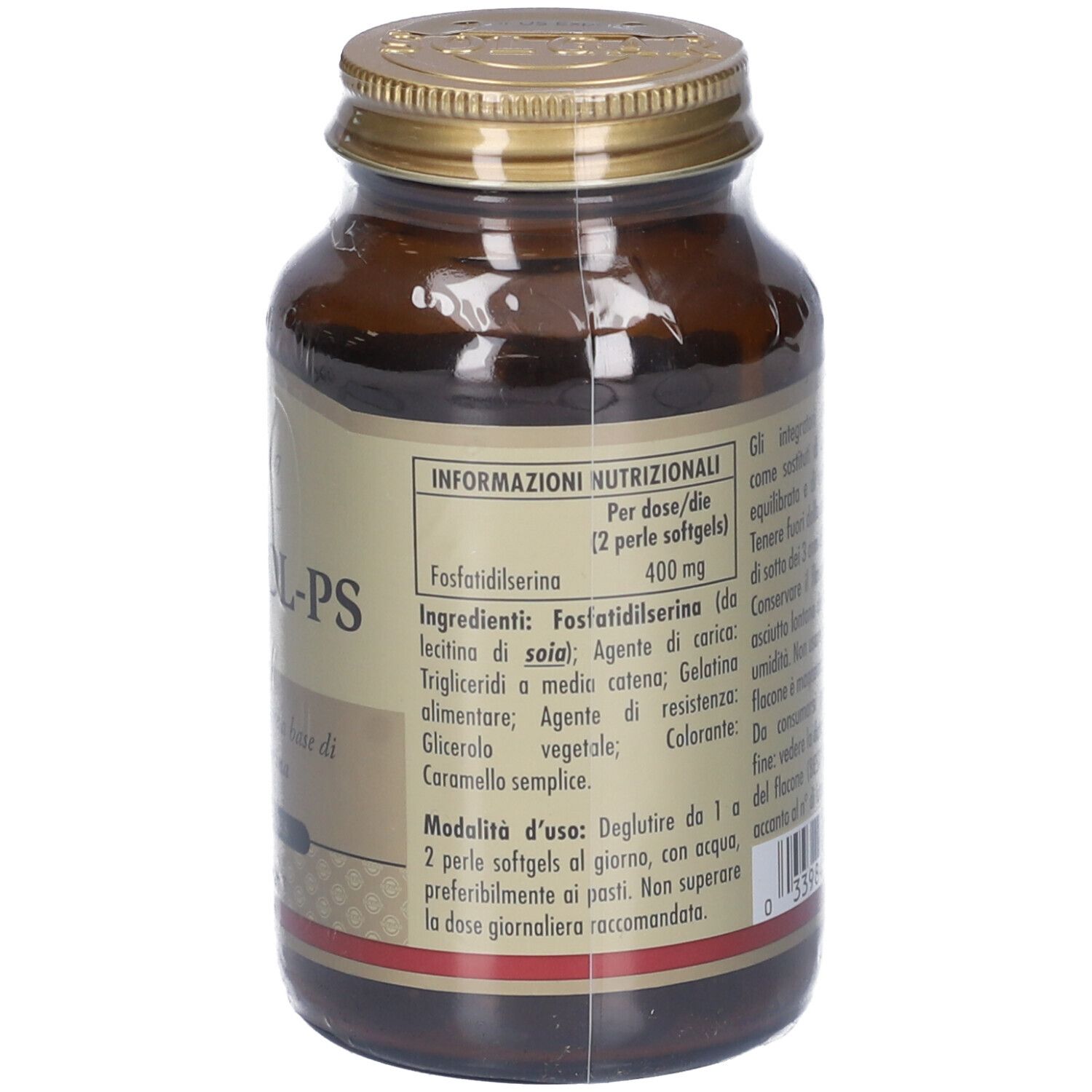 Bottiglia di vetro marrone con tappo dorato. Etichetta con informazioni nutrizionali e marchio Solgar. Contiene 60 softgels.