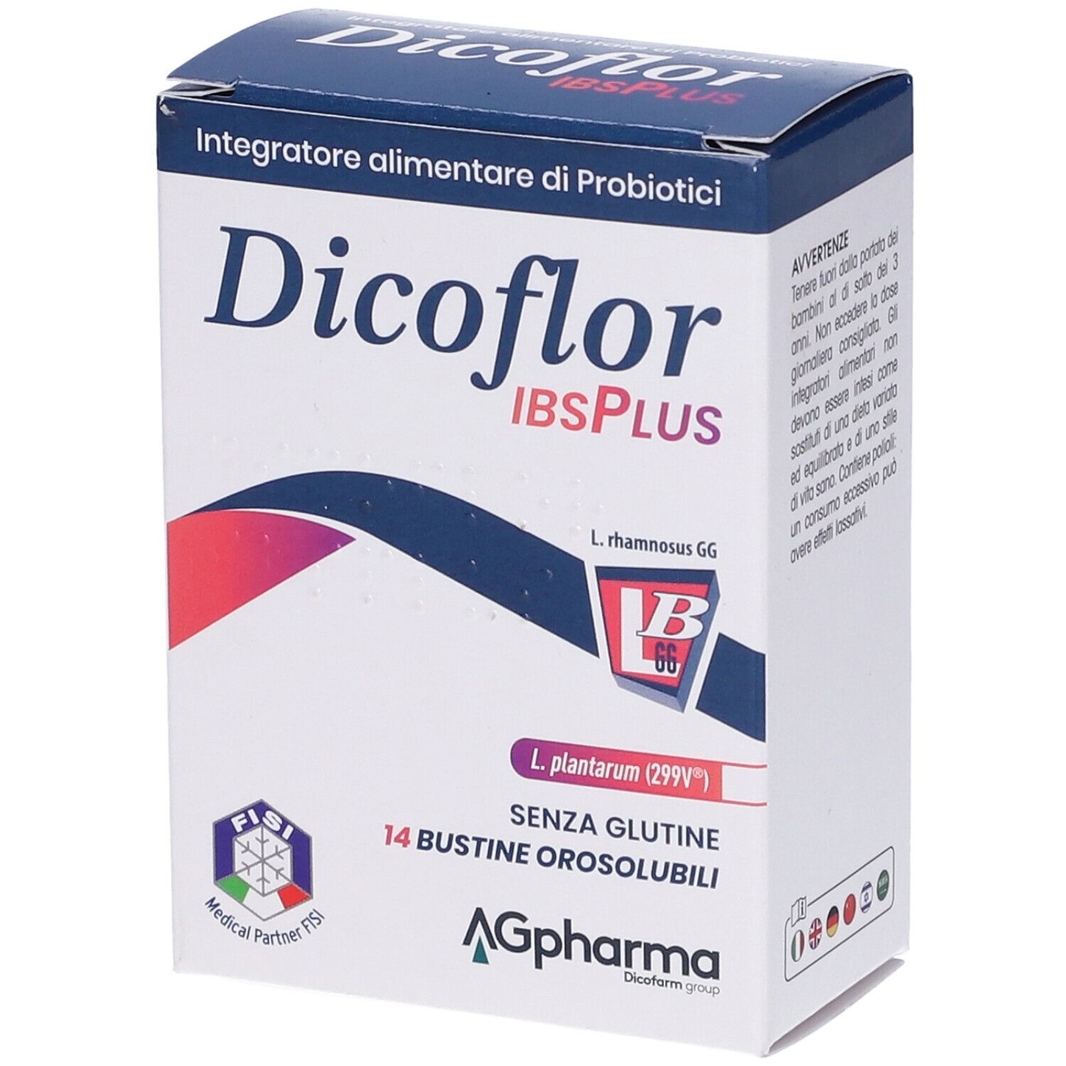 Scatola di Dicoflor IBSPLUS. Scritta: Integratore alimentare di Probiotici. Contiene 14 bustine. Logo Fisi Medical Partner.
