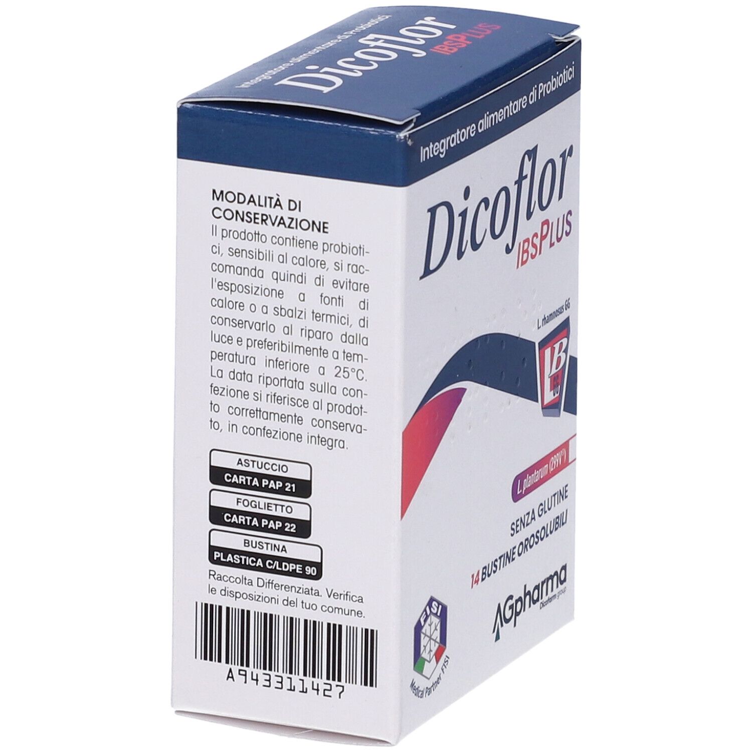 Scatola di Dicoflor IBSPLUS, vista laterale con testo. Contiene 14 bustine. Testo: Senza glutine. Logo AG Pharma.