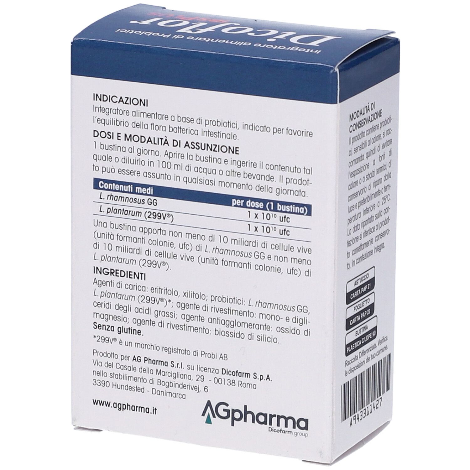 Retro della confezione Dicoflor IBSPLUS. Testo sugli ingredienti e il dosaggio. Logo AG Pharma. Testo: Senza glutine.