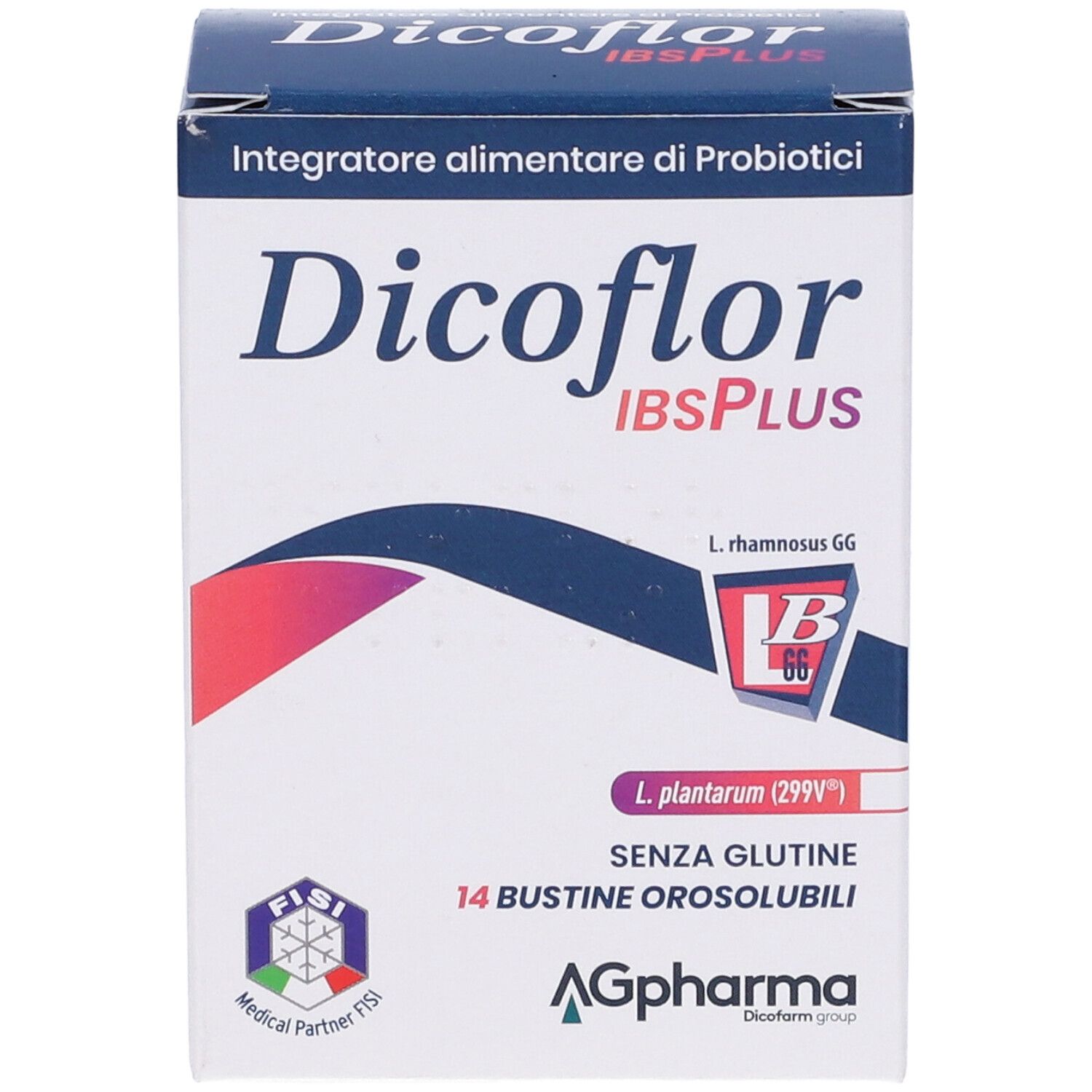 Scatola di Dicoflor IBSPLUS. Scritta: Integratore alimentare di Probiotici. Contiene 14 bustine. Logo Fisi Medical Partner.