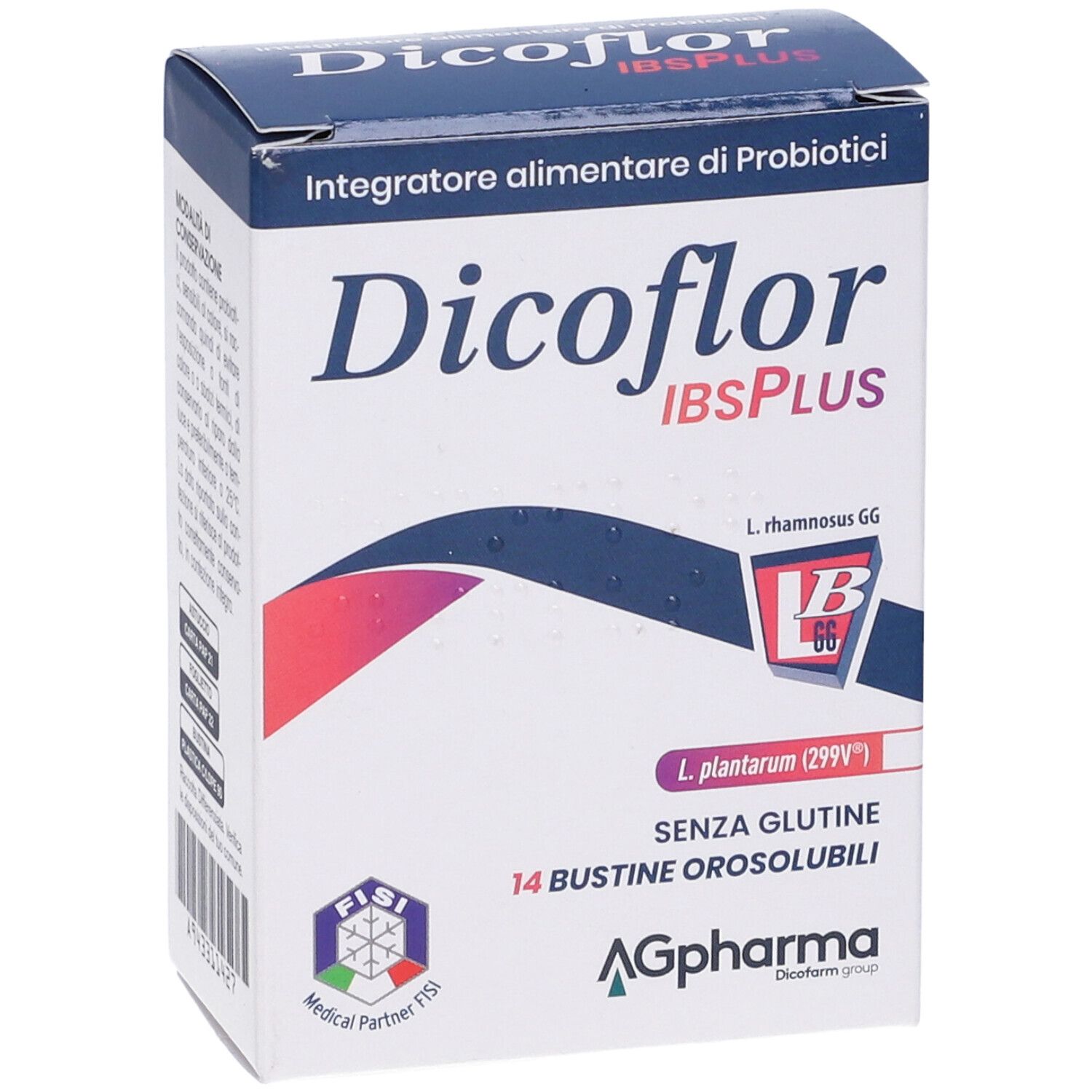 Scatola di Dicoflor IBSPLUS. Scritta: Integratore alimentare di Probiotici. Contiene 14 bustine. Logo Fisi Medical Partner.