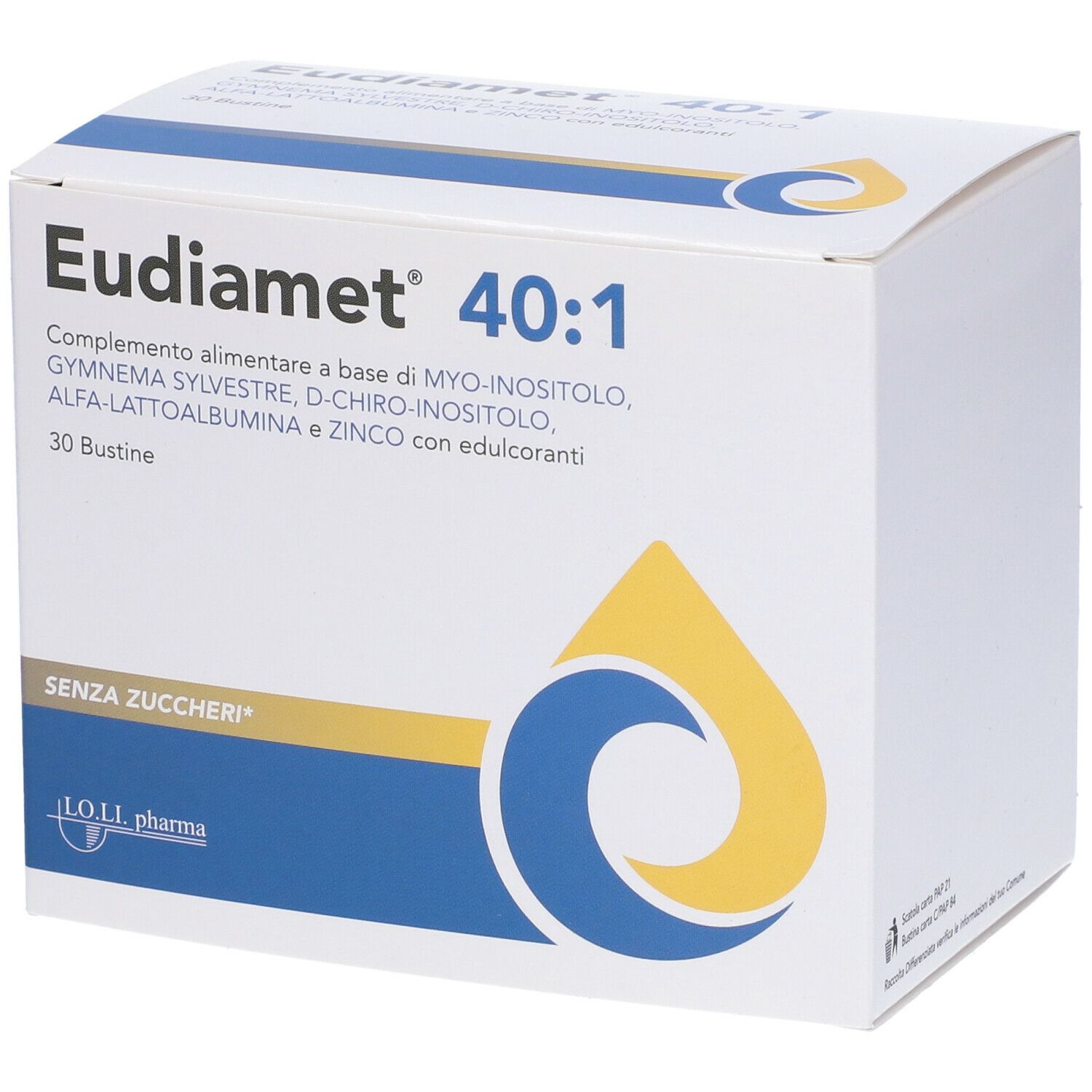 Scatola bianca Eudiamet 40:1. Contiene 30 bustine. Ingredienti e logo stampati. Forma a goccia gialla e blu.