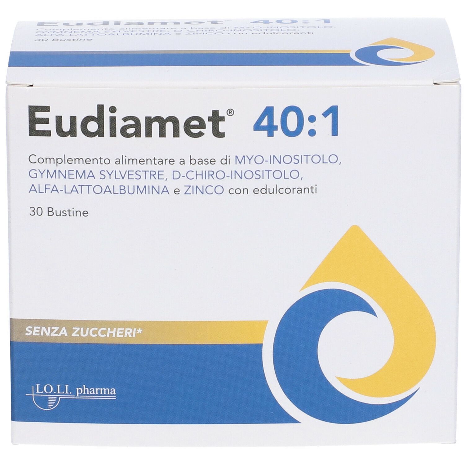 Scatola bianca Eudiamet 40:1. Contiene 30 bustine. Ingredienti e logo stampati. Forma a goccia gialla e blu.