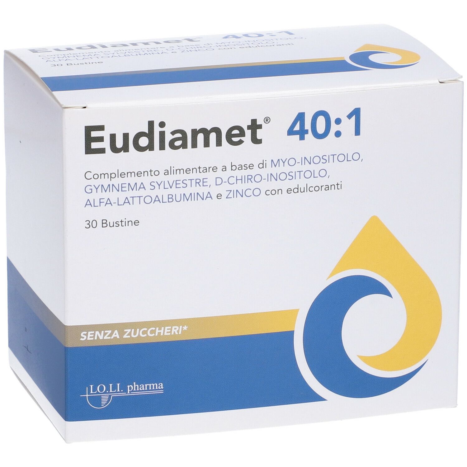 Scatola bianca Eudiamet 40:1. Contiene 30 bustine. Ingredienti e logo stampati. Forma a goccia gialla e blu.