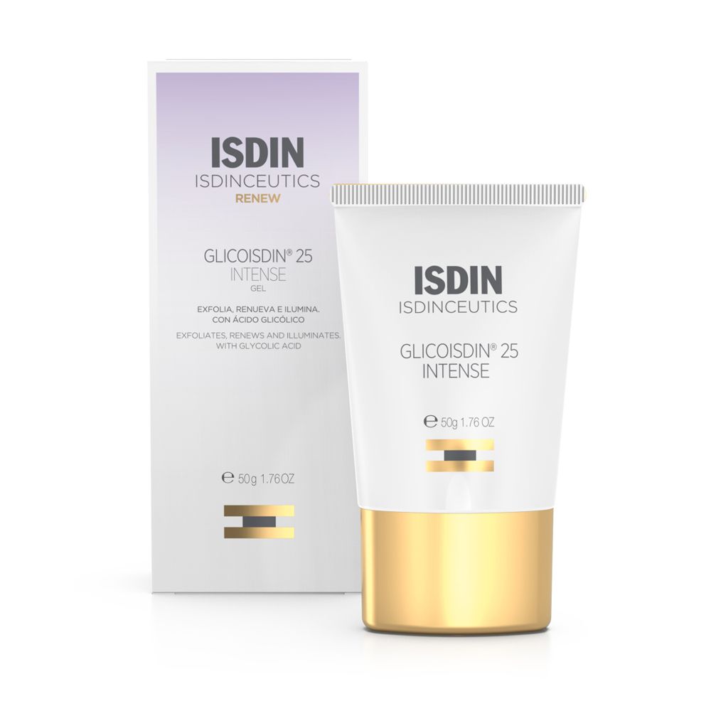 Tubo di gel ISDIN Glicoisdin 25 Intense e confezione. Tubo bianco, base dorata. Marchio e nome del prodotto visibili.