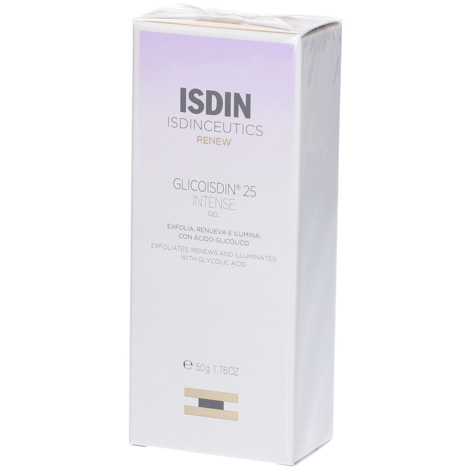 ISDIN Glicoisdin 25 Intense Gel. Confezione. Marchio e nome del prodotto visibili. Scatola bianca con accenti viola.