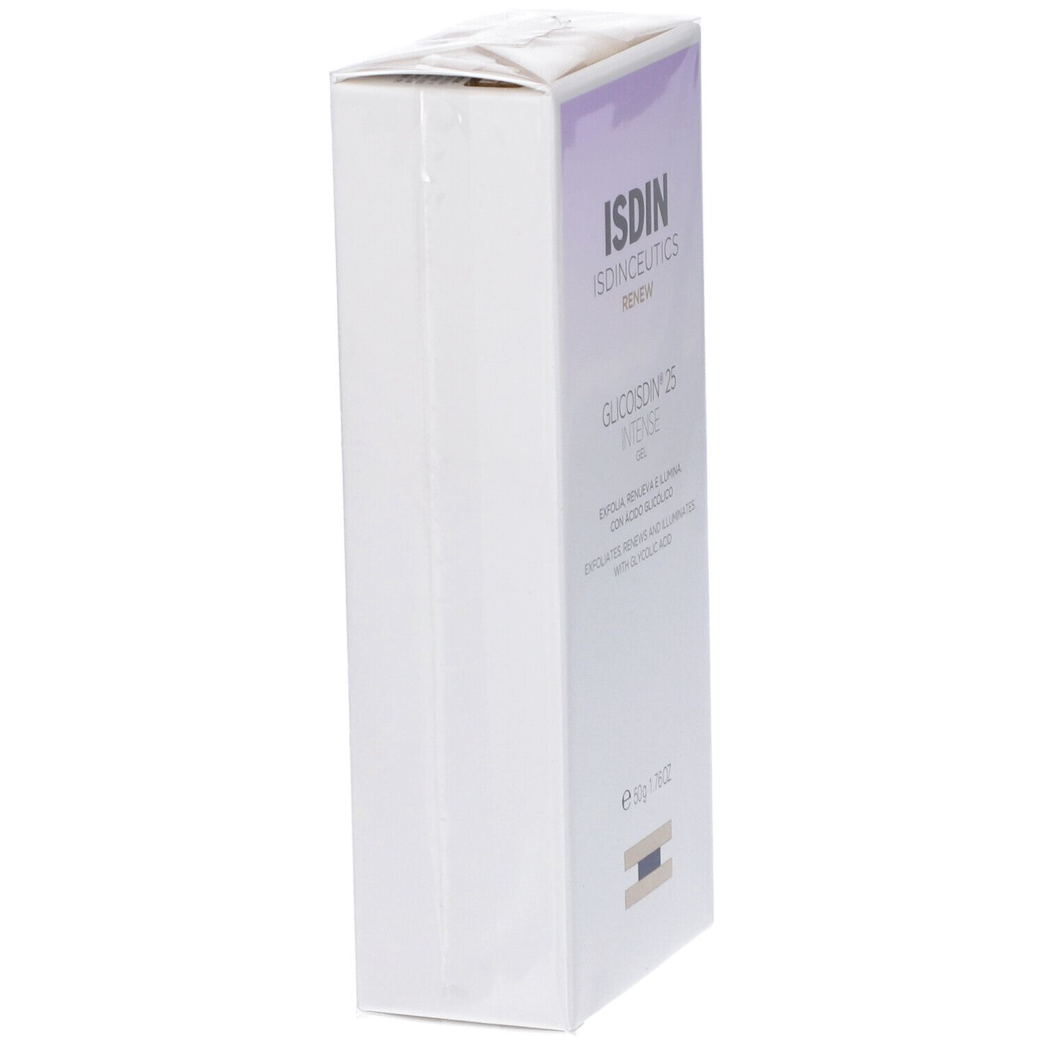 ISDIN Glicoisdin 25 Intense Gel. Confezione. Vista laterale. Scatola bianca con accenti viola. Testo.