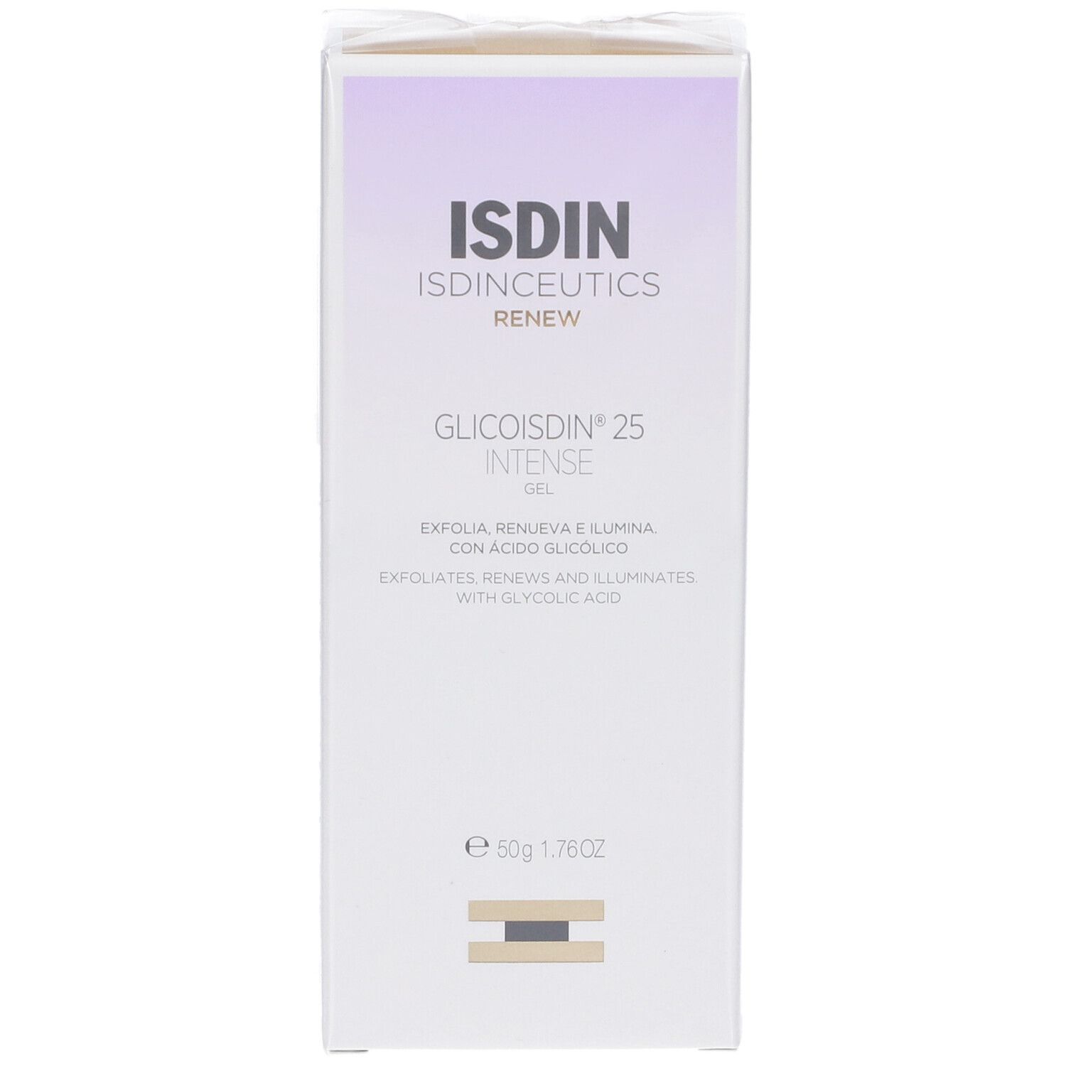 ISDIN Glicoisdin 25 Intense Gel. Confezione. Vista frontale. Scatola bianca con accenti viola. Nome del prodotto visibile.