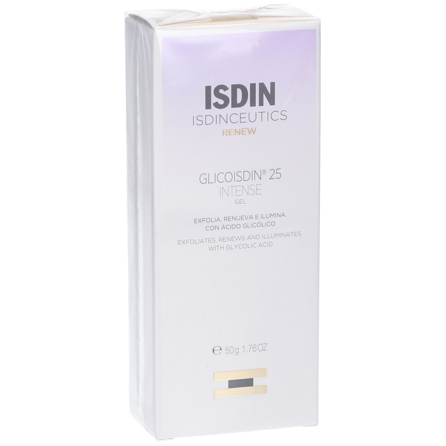 ISDIN Glicoisdin 25 Intense Gel. Confezione. Vista prospettica. Scatola bianca con accenti viola. Testo.
