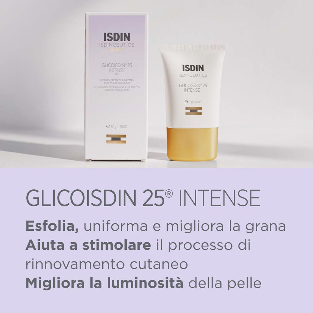 ISDIN Glicoisdin 25 Intense. Testo e informazioni sul prodotto. Tubo bianco, base dorata. Nome del prodotto visibile.