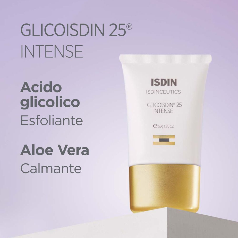 ISDIN Glicoisdin 25 Intense. Ingredienti: acido glicolico, Aloe Vera. Tubo bianco, base dorata. Testo.