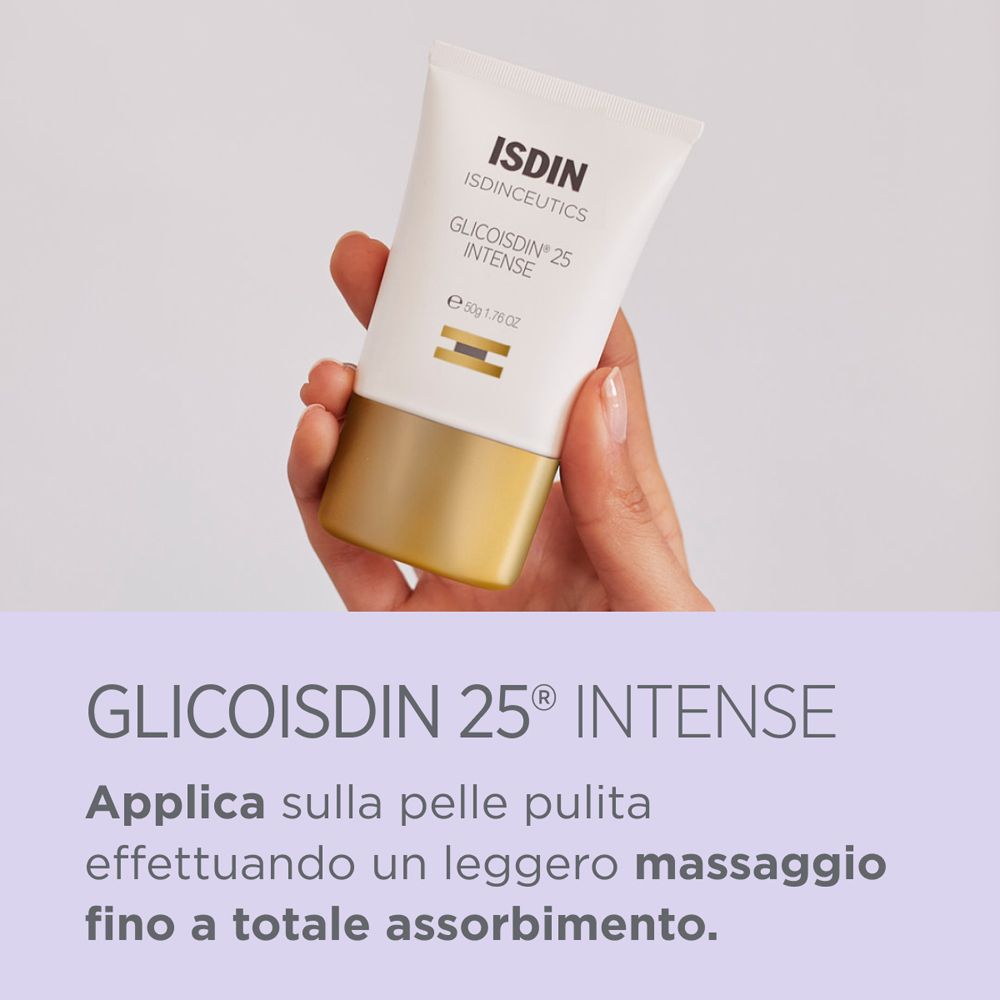 ISDIN Glicoisdin 25 Intense. Istruzioni per l'uso. Tubo bianco, base dorata. Testo su sfondo viola.