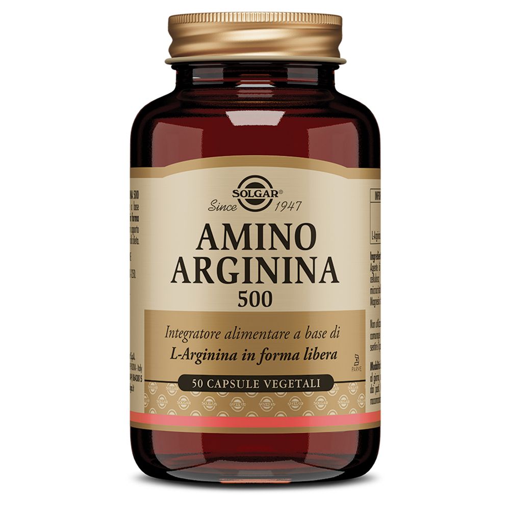 Flacone di vetro marrone con tappo dorato. Etichetta "Amino Arginina 500" di Solgar. Contiene 50 capsule.