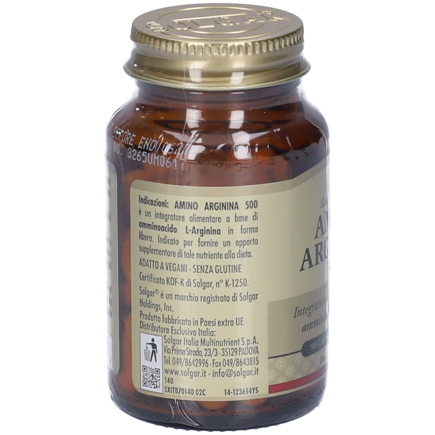 Retro di un flacone di vetro marrone. Etichetta con informazioni su "Amino Arginina 500". Ingredienti e dettagli.