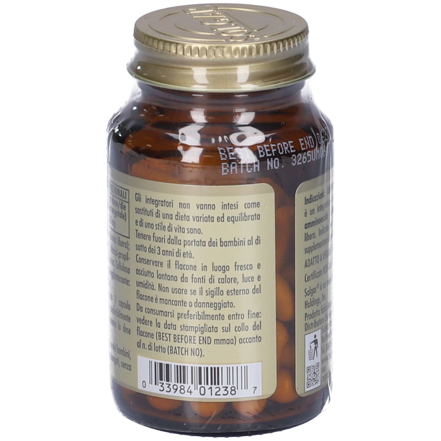 Retro di un flacone di vetro marrone. Etichetta con informazioni su "Amino Arginina 500". Ingredienti e dettagli.
