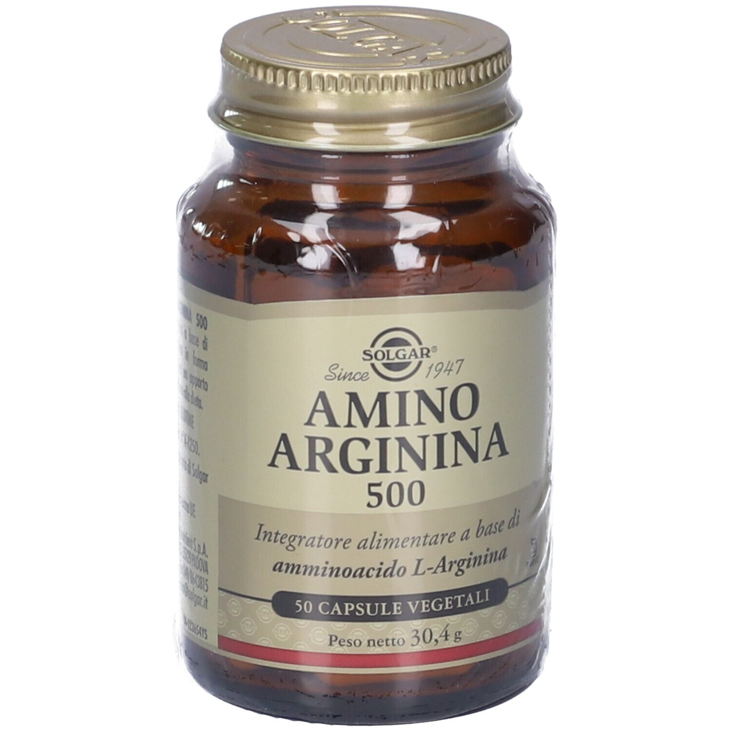 Flacone di vetro marrone con tappo dorato. Etichetta "Amino Arginina 500" di Solgar. Contiene 50 capsule.
