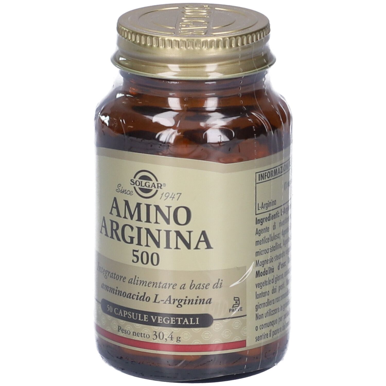 Flacone di vetro marrone con tappo dorato. Etichetta "Amino Arginina 500" di Solgar. Contiene 50 capsule.