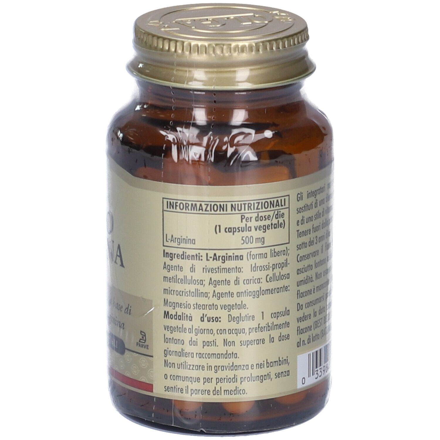 Retro di un flacone di vetro marrone. Etichetta con informazioni nutrizionali per "Amino Arginina 500".