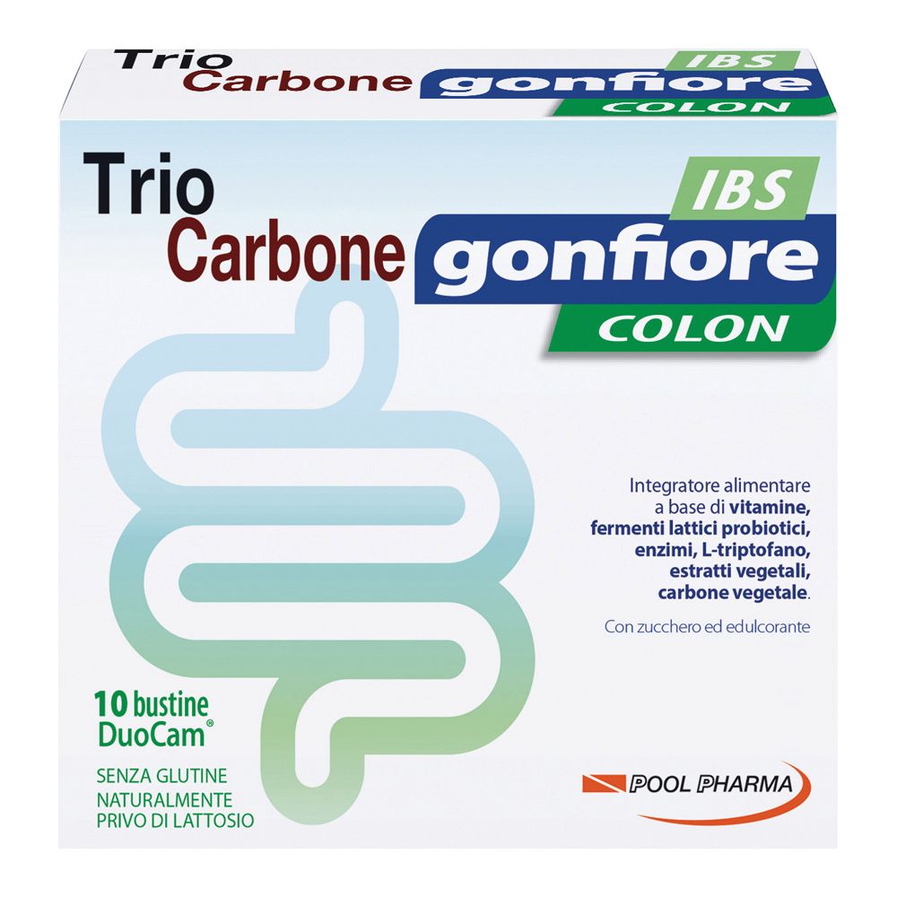 Scatola di Trio Carbone Gonfiore IBS Colon Bustine. Contiene 10 bustine DuoCam. Senza glutine, senza lattosio.