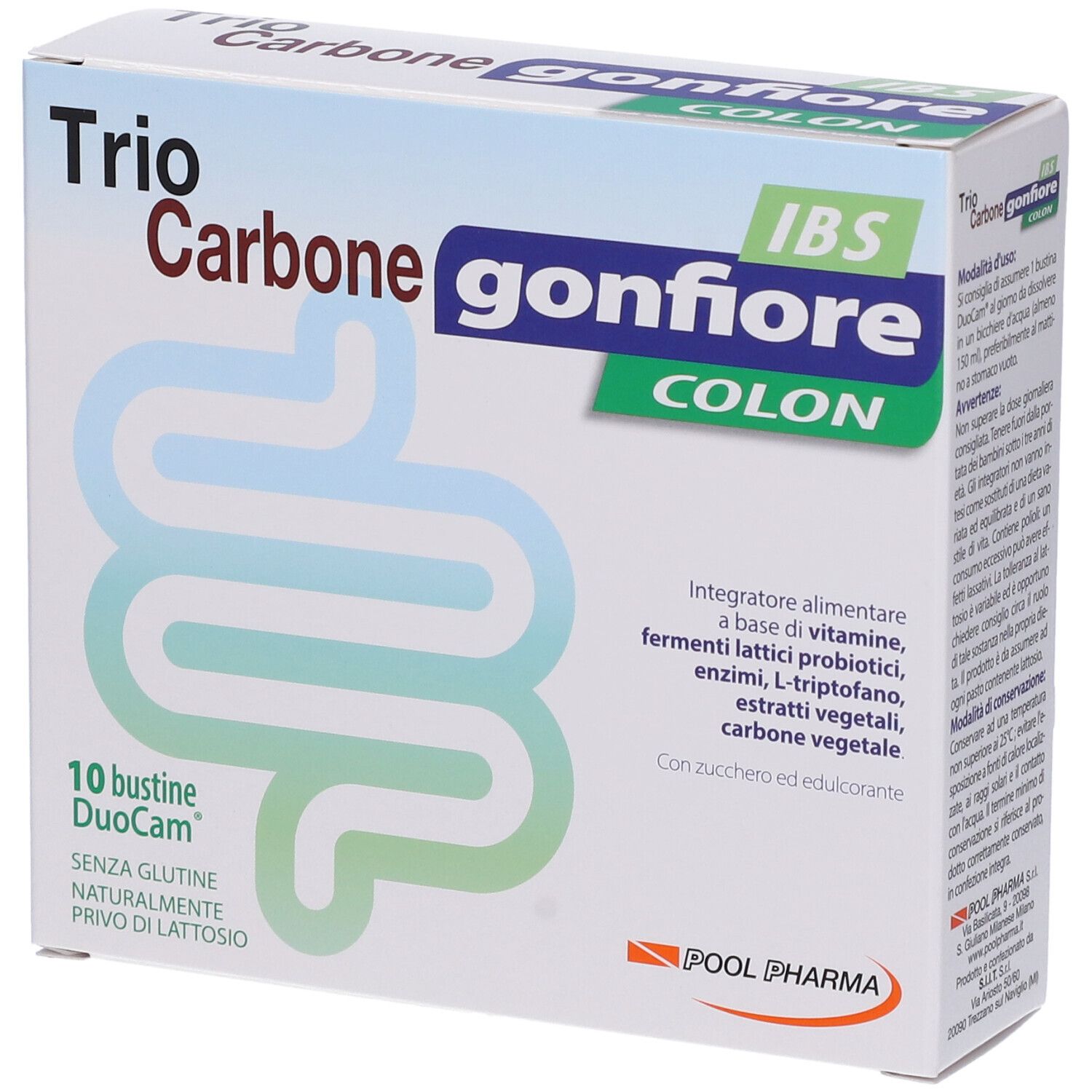 Scatola di Trio Carbone Gonfiore IBS Colon Bustine. Contiene 10 bustine DuoCam. Senza glutine, senza lattosio.