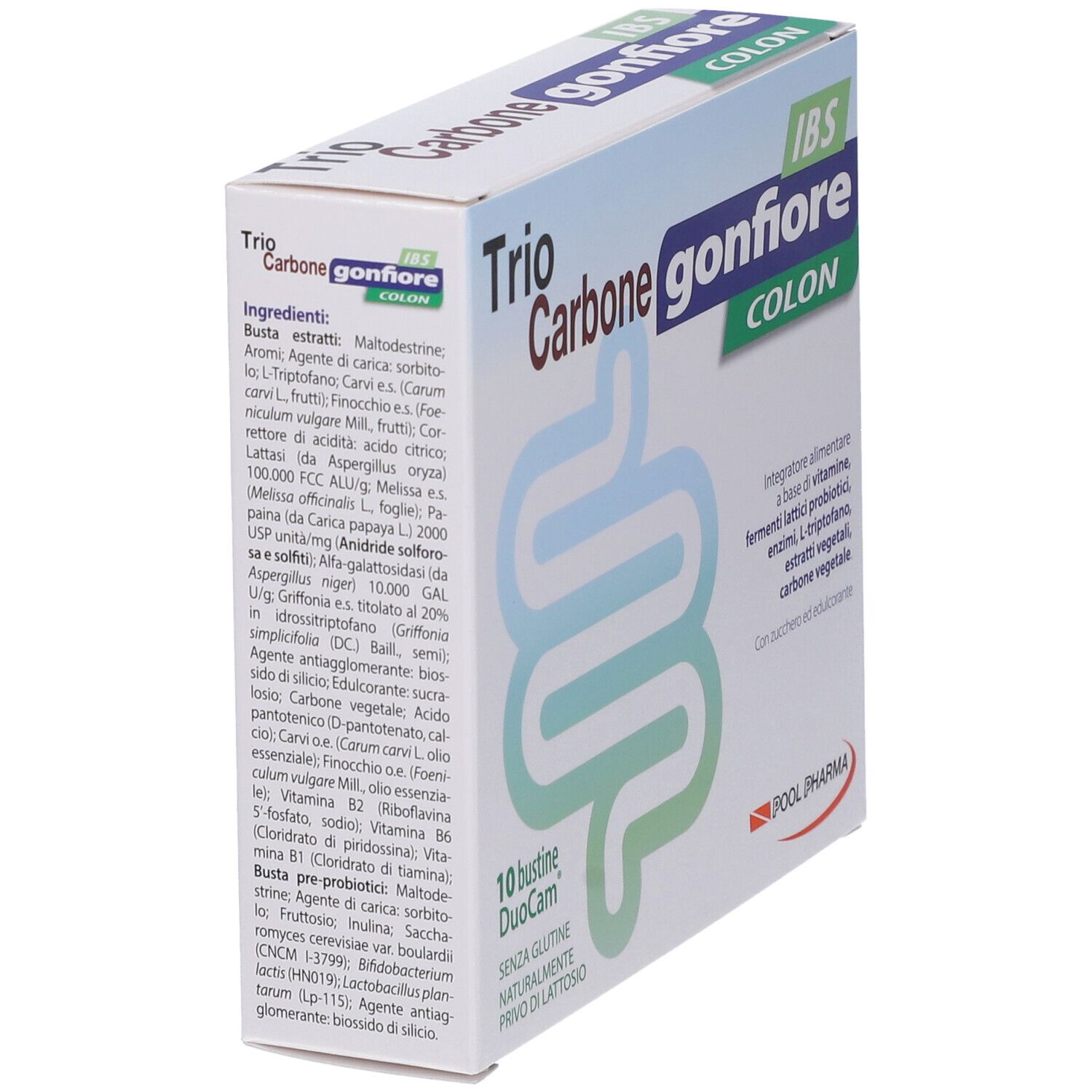 Scatola di Trio Carbone Gonfiore IBS Colon Bustine. Contiene 10 bustine DuoCam. Senza glutine, senza lattosio.