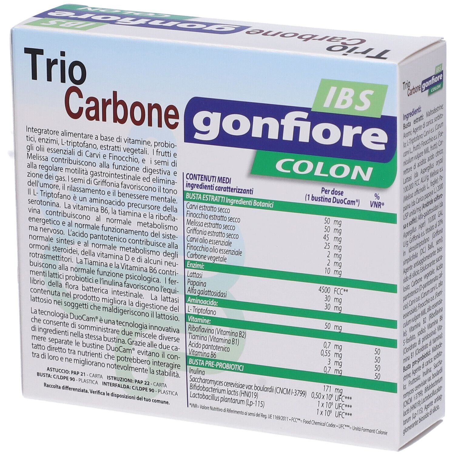 Scatola di Trio Carbone Gonfiore IBS Colon Bustine. Contiene 10 bustine DuoCam. Senza glutine, senza lattosio.