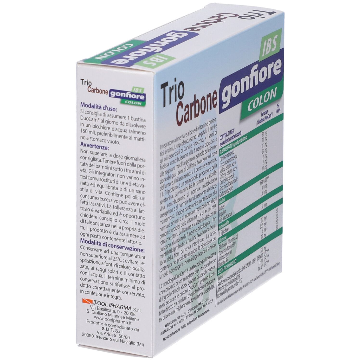 Scatola di Trio Carbone Gonfiore IBS Colon Bustine. Contiene 10 bustine DuoCam. Senza glutine, senza lattosio.