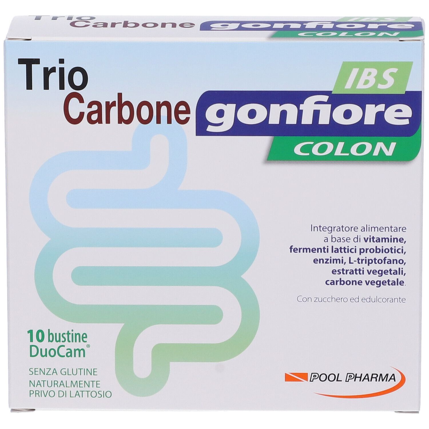 Scatola di Trio Carbone Gonfiore IBS Colon Bustine. Contiene 10 bustine DuoCam. Senza glutine, senza lattosio.