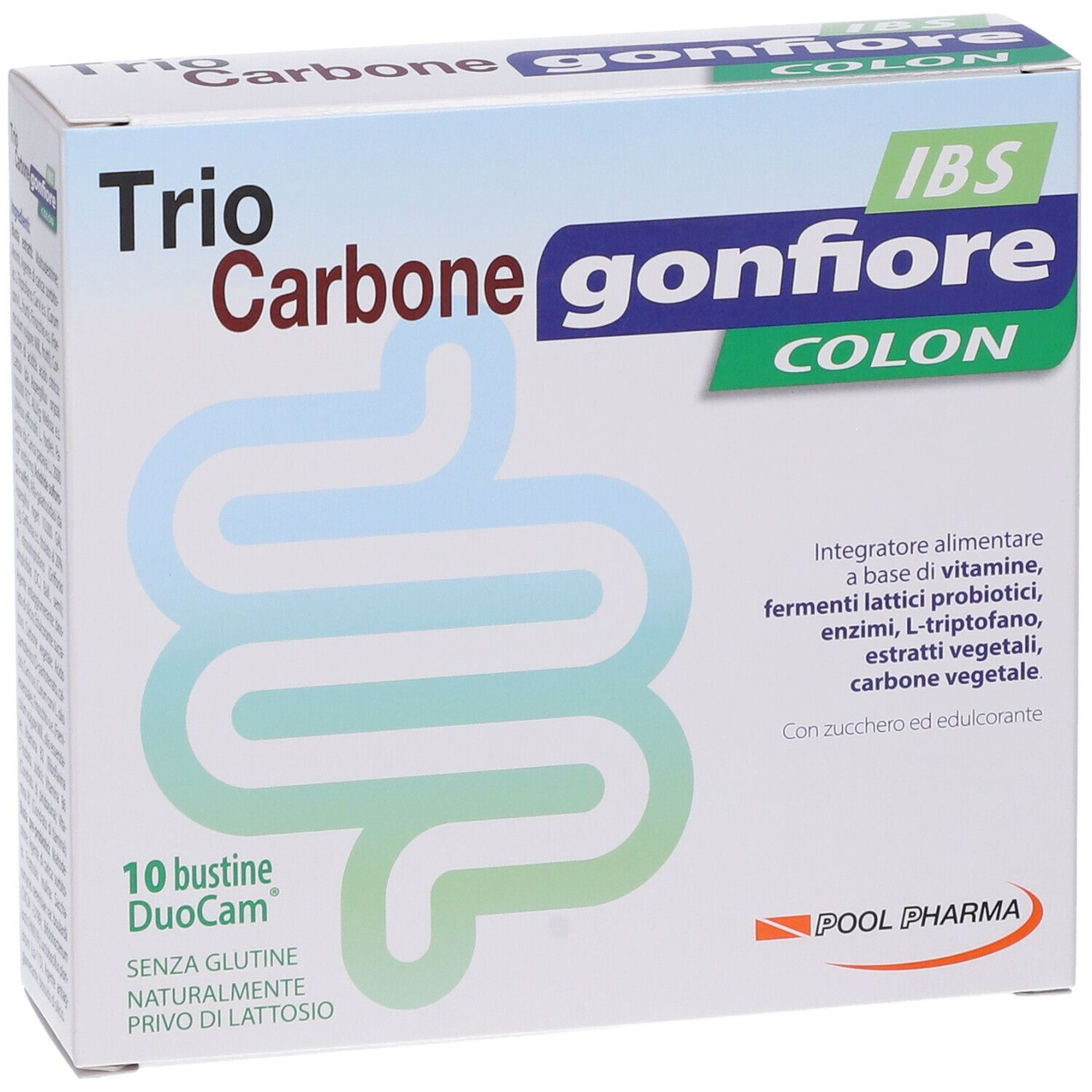 Scatola di Trio Carbone Gonfiore IBS Colon Bustine. Contiene 10 bustine DuoCam. Senza glutine, senza lattosio.
