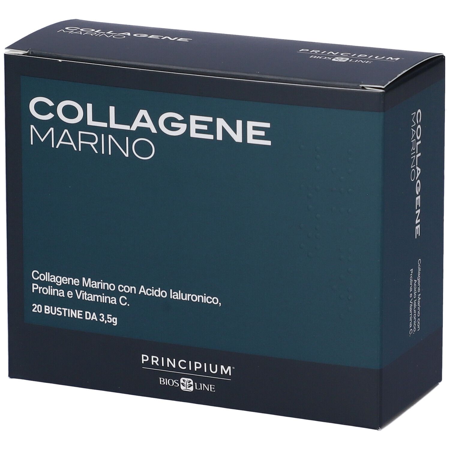 Scatola "COLLAGENE MARINO". Contiene 20 bustine. Scritto: "Collagen Marino con Acido Ialuronico, Prolina e Vitamina C".