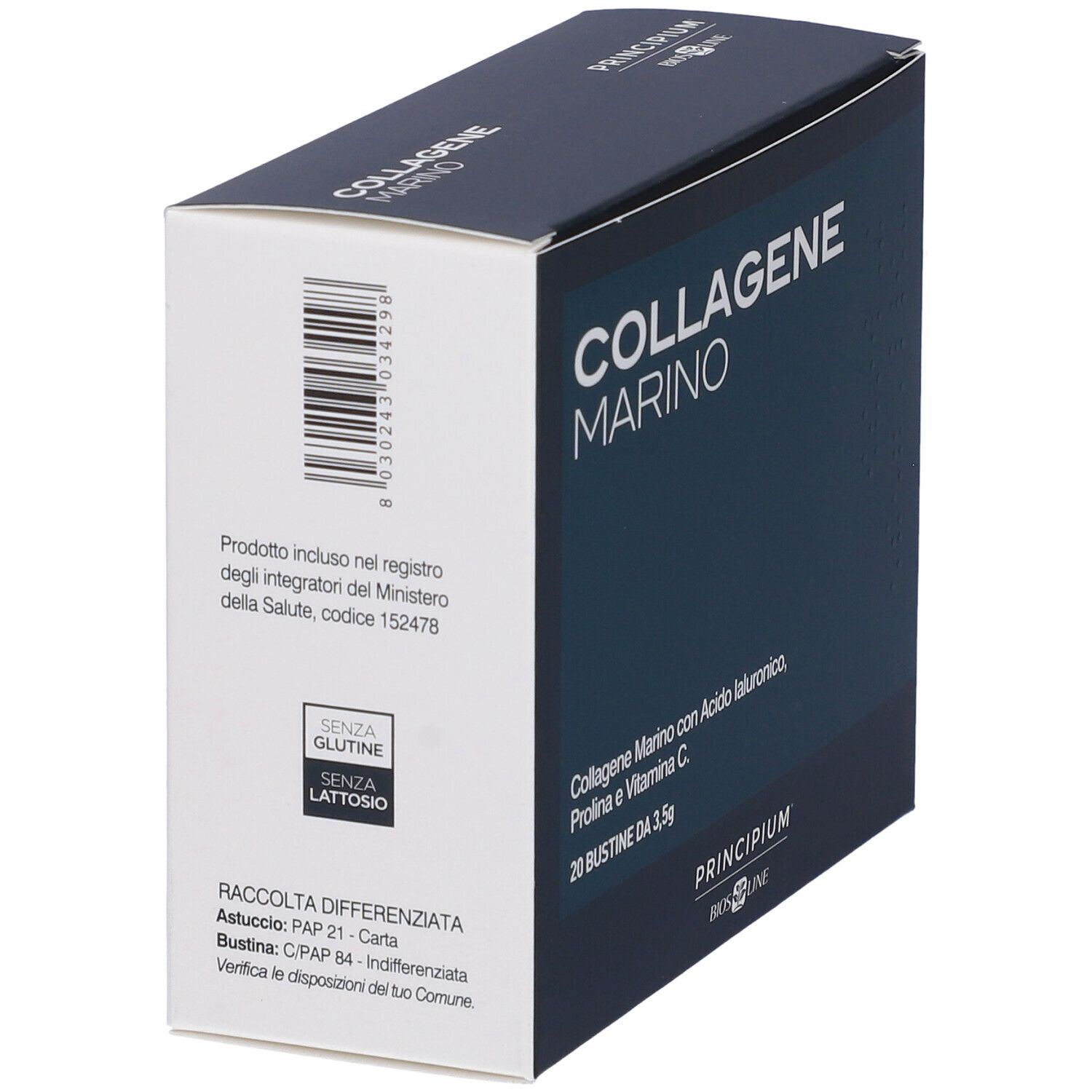 Scatola "COLLAGENE MARINO". Contiene 20 bustine. Scritto: "Senza glutine, Senza lattosio". Codice a barre e informazioni di smaltimento.