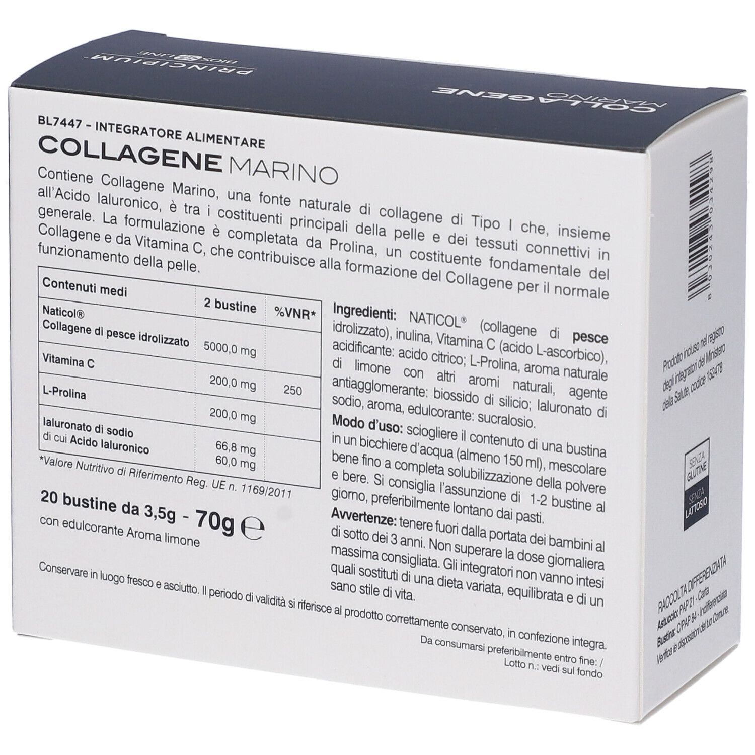 Scatola "COLLAGENE MARINO". Contiene 20 bustine. Ingredienti e informazioni nutrizionali. Testo: "20 bustine da 3.5g - 70g e".