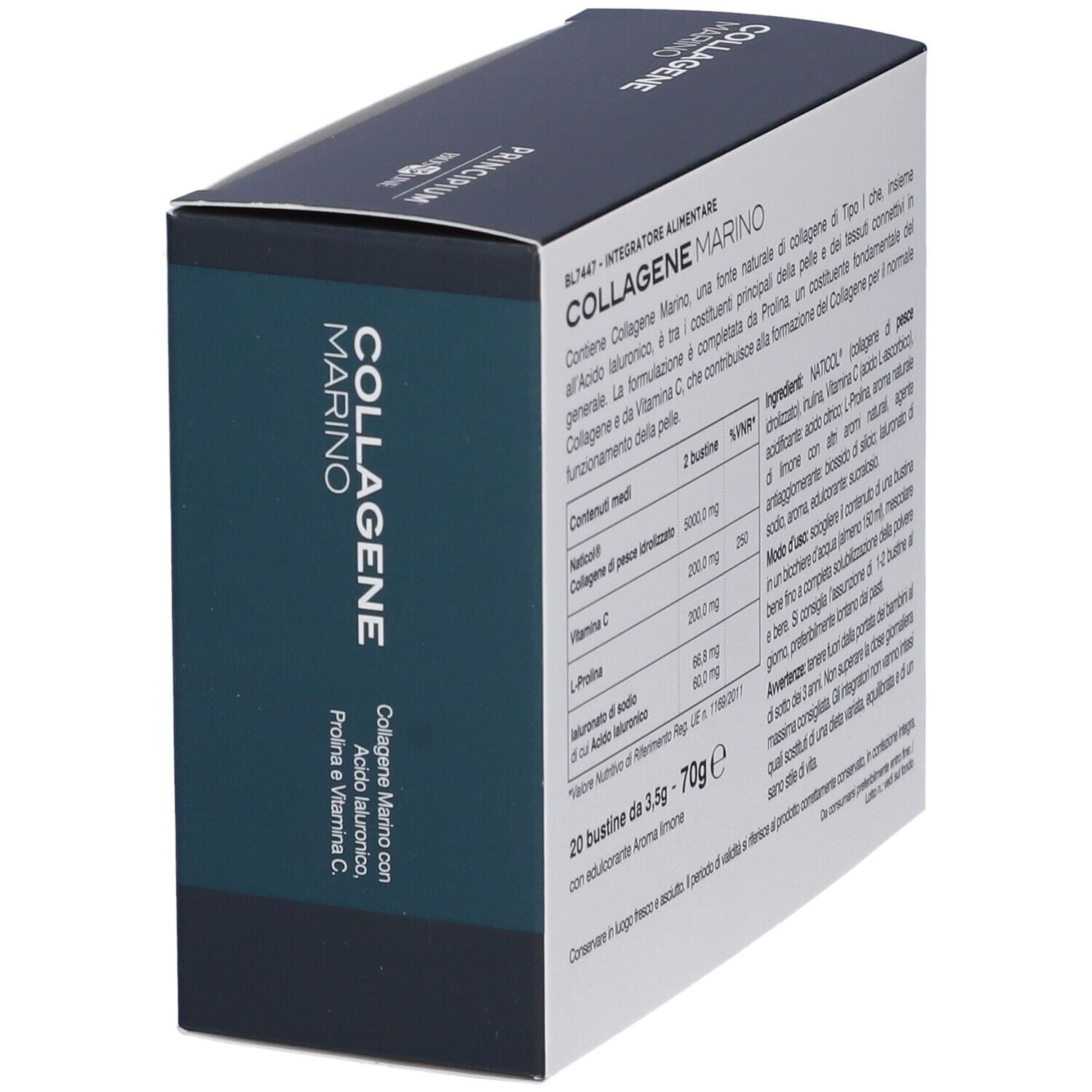 Scatola "COLLAGENE MARINO". Contiene 20 bustine. Scritto: "Collagen Marino con Acido Ialuronico, Prolina e Vitamina C".