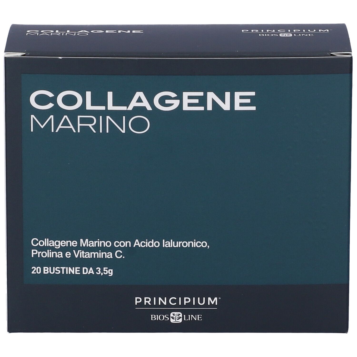 Scatola "COLLAGENE MARINO". Contiene 20 bustine. Scritto: "Collagen Marino con Acido Ialuronico, Prolina e Vitamina C".