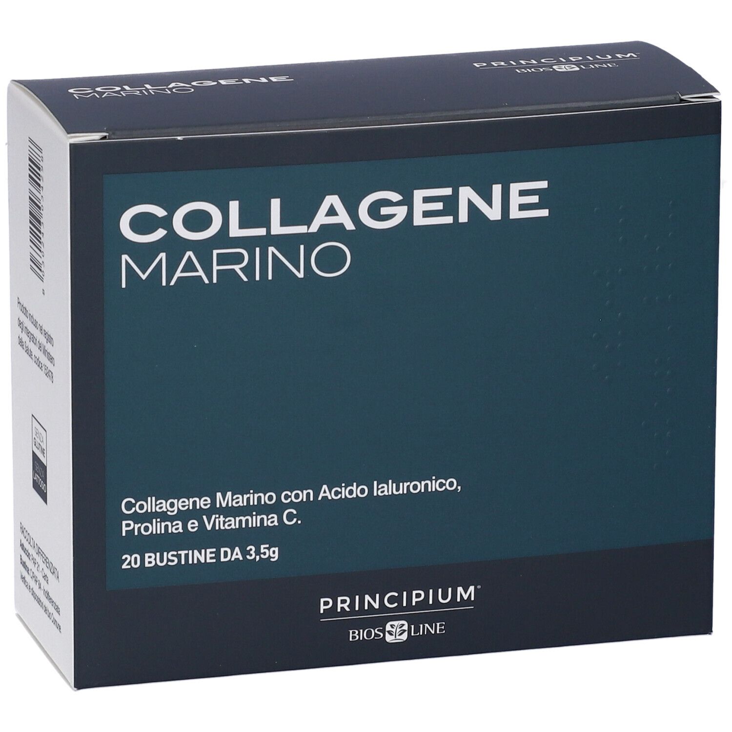 Scatola "COLLAGENE MARINO". Contiene 20 bustine. Scritto: "Collagen Marino con Acido Ialuronico, Prolina e Vitamina C".