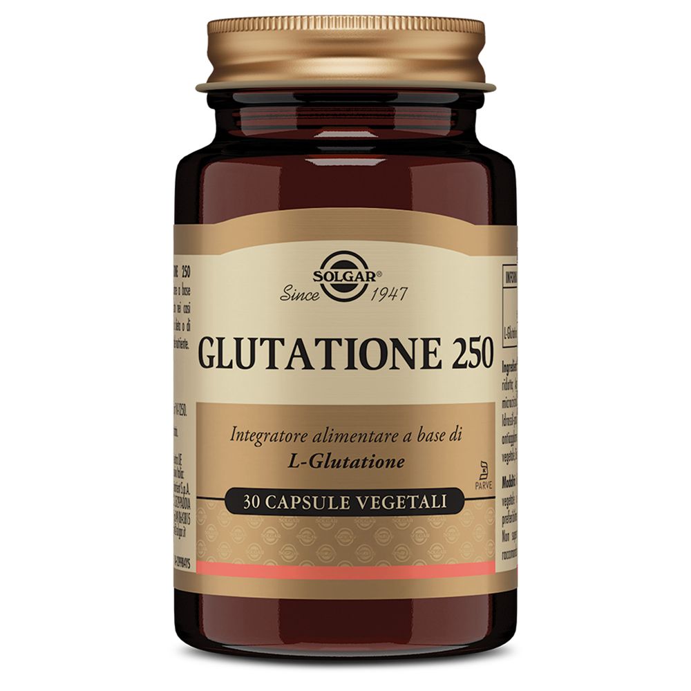 Flacone in vetro marrone, tappo dorato. Etichetta con nome prodotto e marchio: Solgar Glutatione 250. 30 capsule.