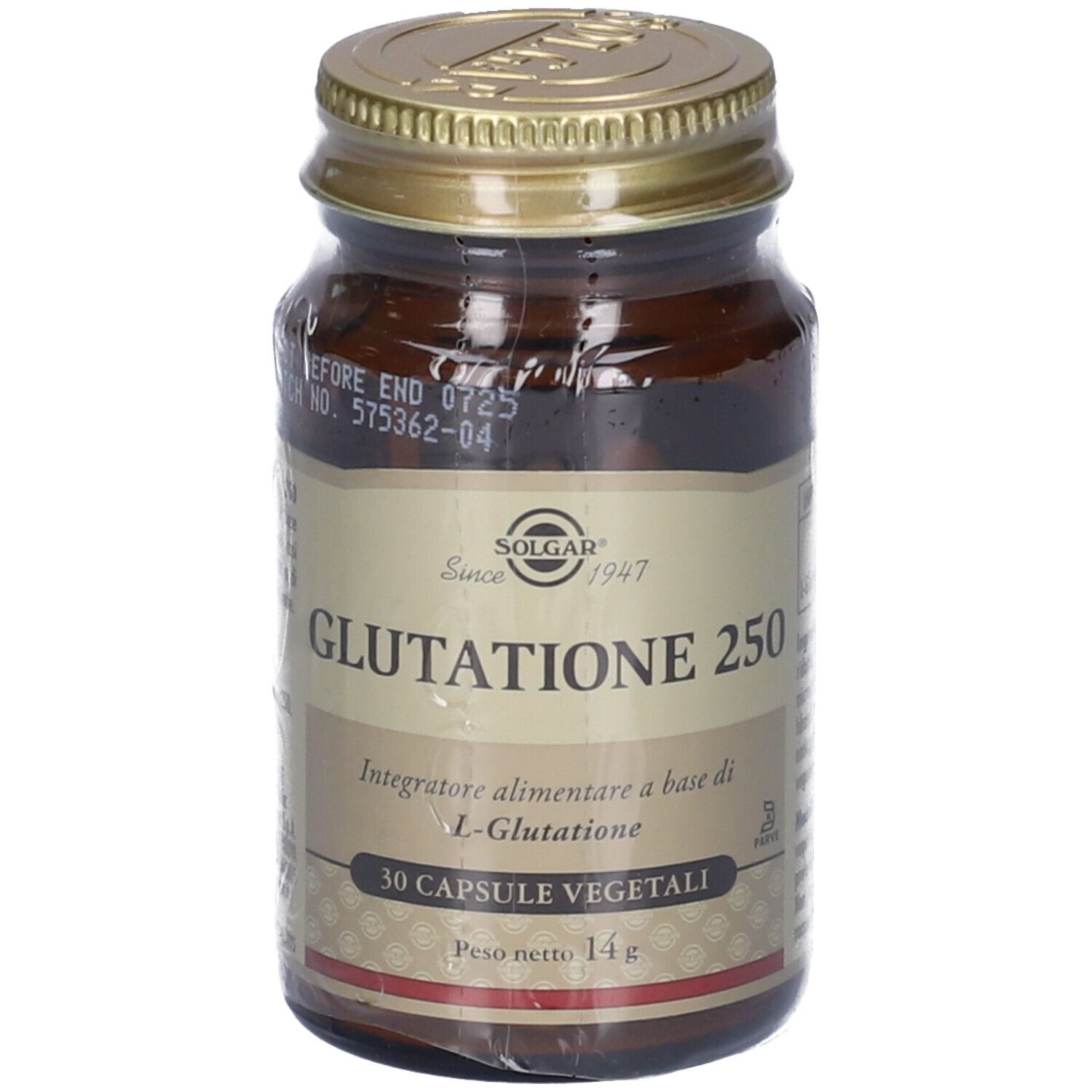 Flacone in vetro marrone, tappo dorato. Etichetta con nome prodotto e marchio: Solgar Glutatione 250. 30 capsule.