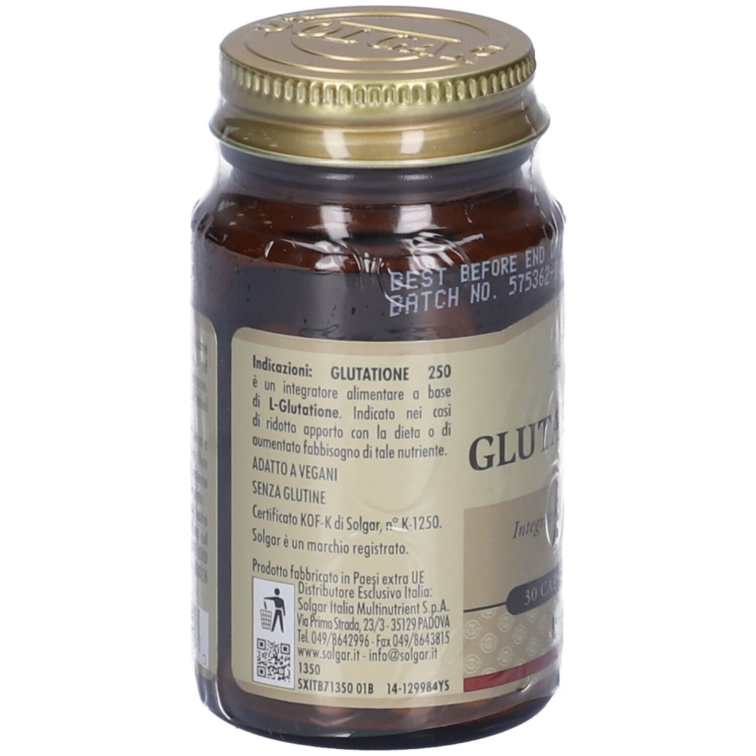 Retro del flacone in vetro marrone. Etichetta con informazioni sul prodotto, ingredienti e certificazioni. Marchio Solgar.