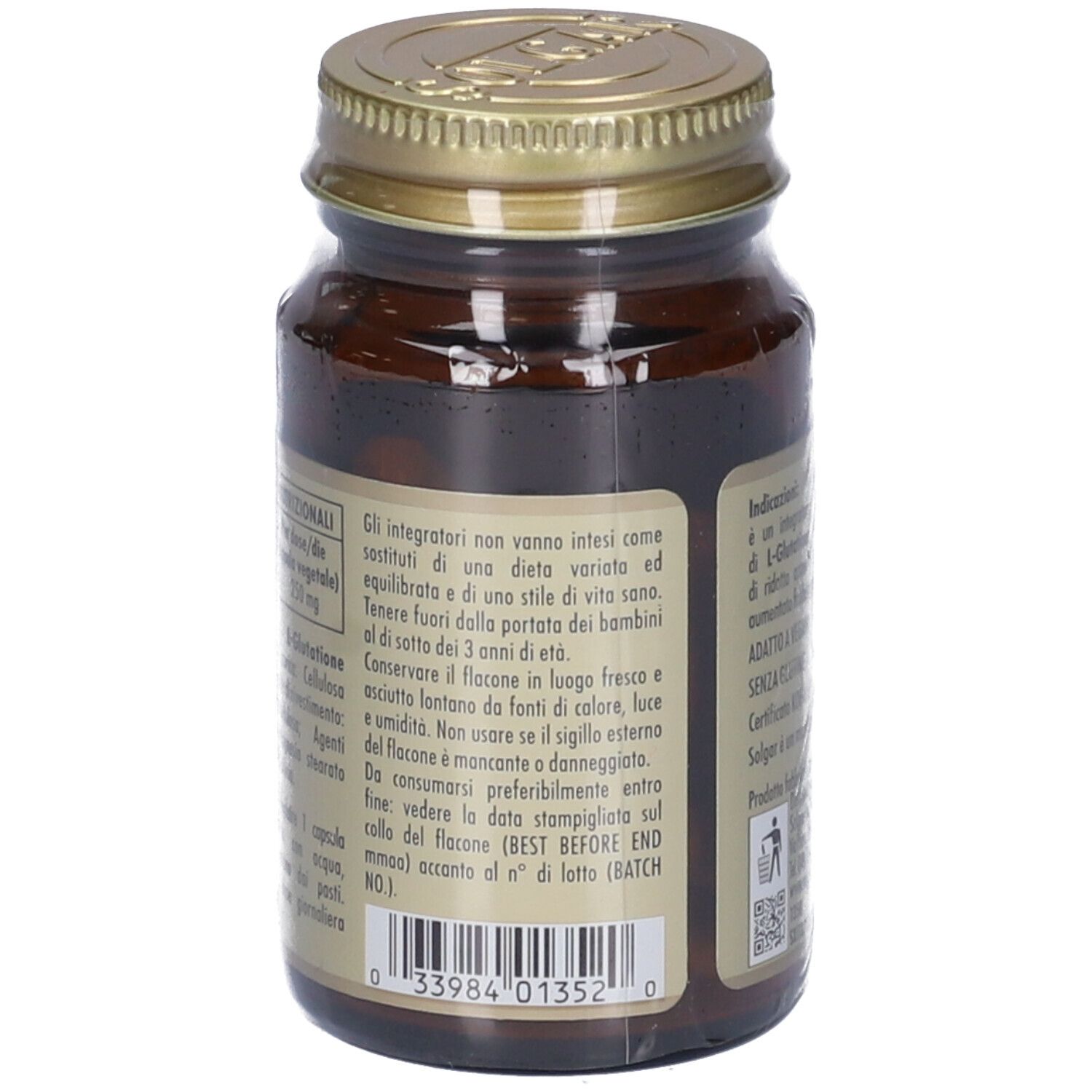 Retro del flacone in vetro marrone. Etichetta con informazioni sul prodotto, ingredienti e certificazioni. Marchio Solgar.