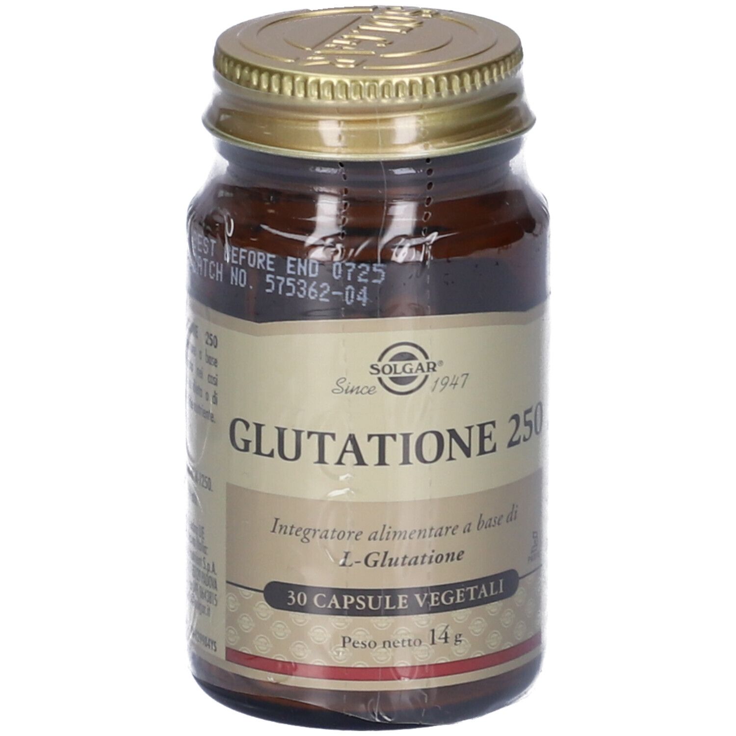 Flacone in vetro marrone, tappo dorato. Etichetta con nome prodotto e marchio: Solgar Glutatione 250. 30 capsule.