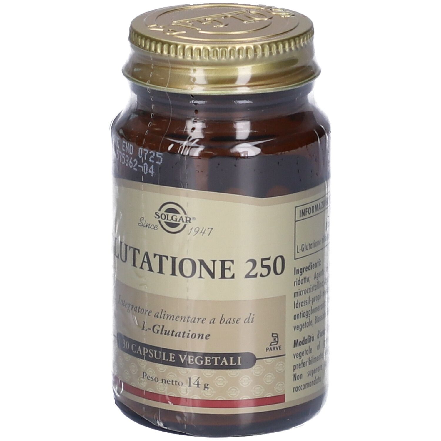 Flacone in vetro marrone, tappo dorato. Etichetta con nome prodotto e marchio: Solgar Glutatione 250. 30 capsule.