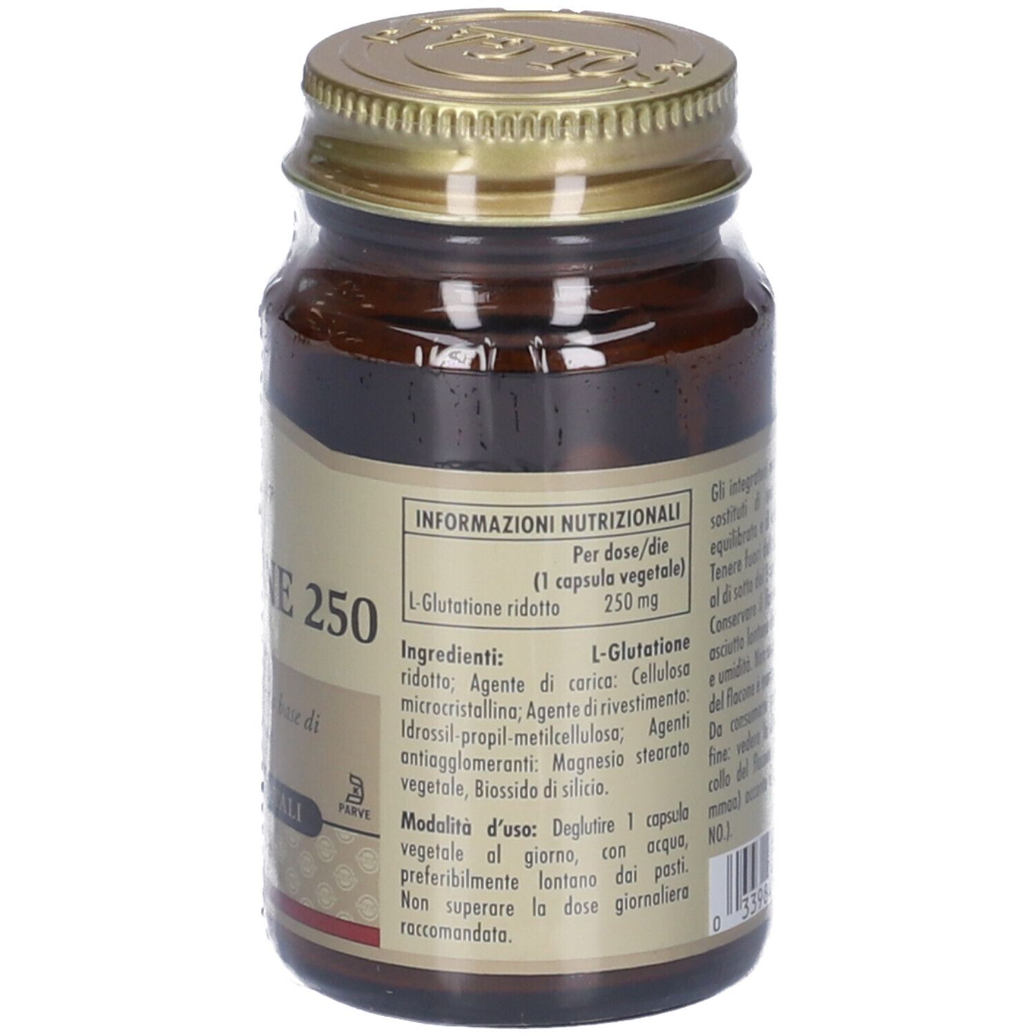 Retro del flacone in vetro marrone. Etichetta con informazioni nutrizionali e ingredienti. Marchio Solgar.