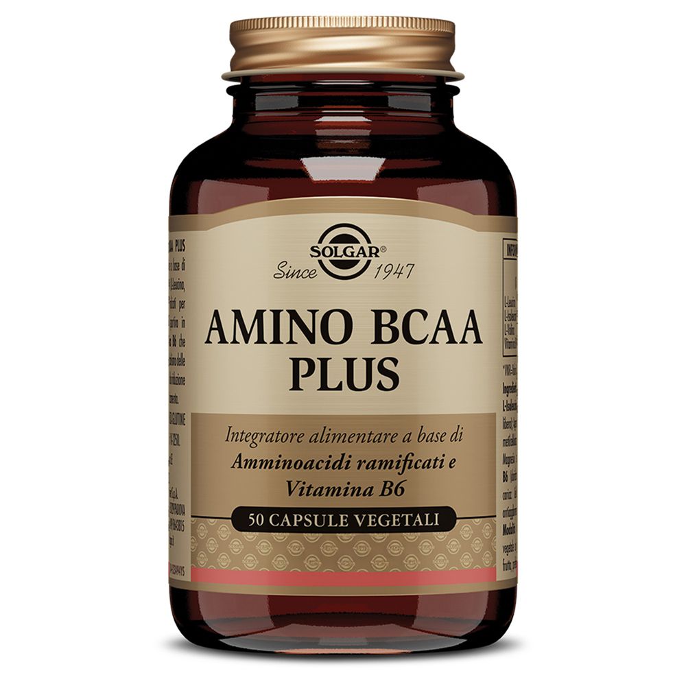 Flacone di vetro marrone con tappo dorato. Scritta: Solgar Amino BCAA Plus, 50 Capsule Vegetali.
