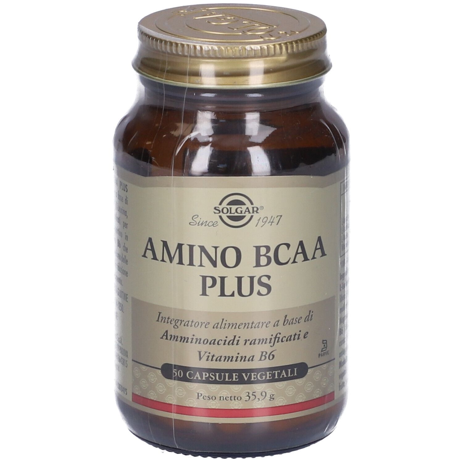 Flacone di vetro marrone con tappo dorato, avvolto in pellicola. Scritta: Solgar Amino BCAA Plus, 50 Capsule Vegetali.