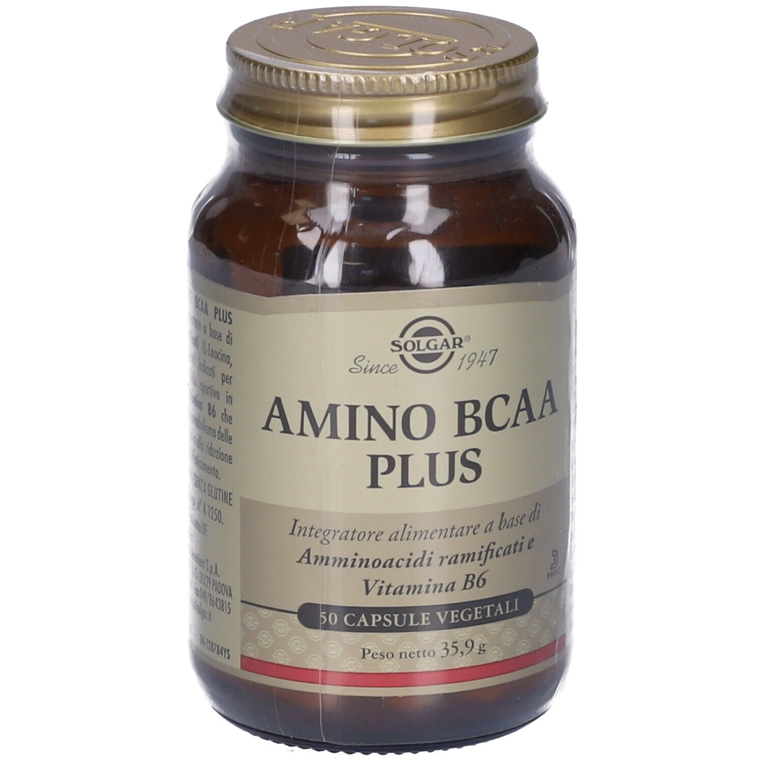 Flacone di vetro marrone con tappo dorato, avvolto in pellicola. Scritta: Solgar Amino BCAA Plus, 50 Capsule Vegetali.