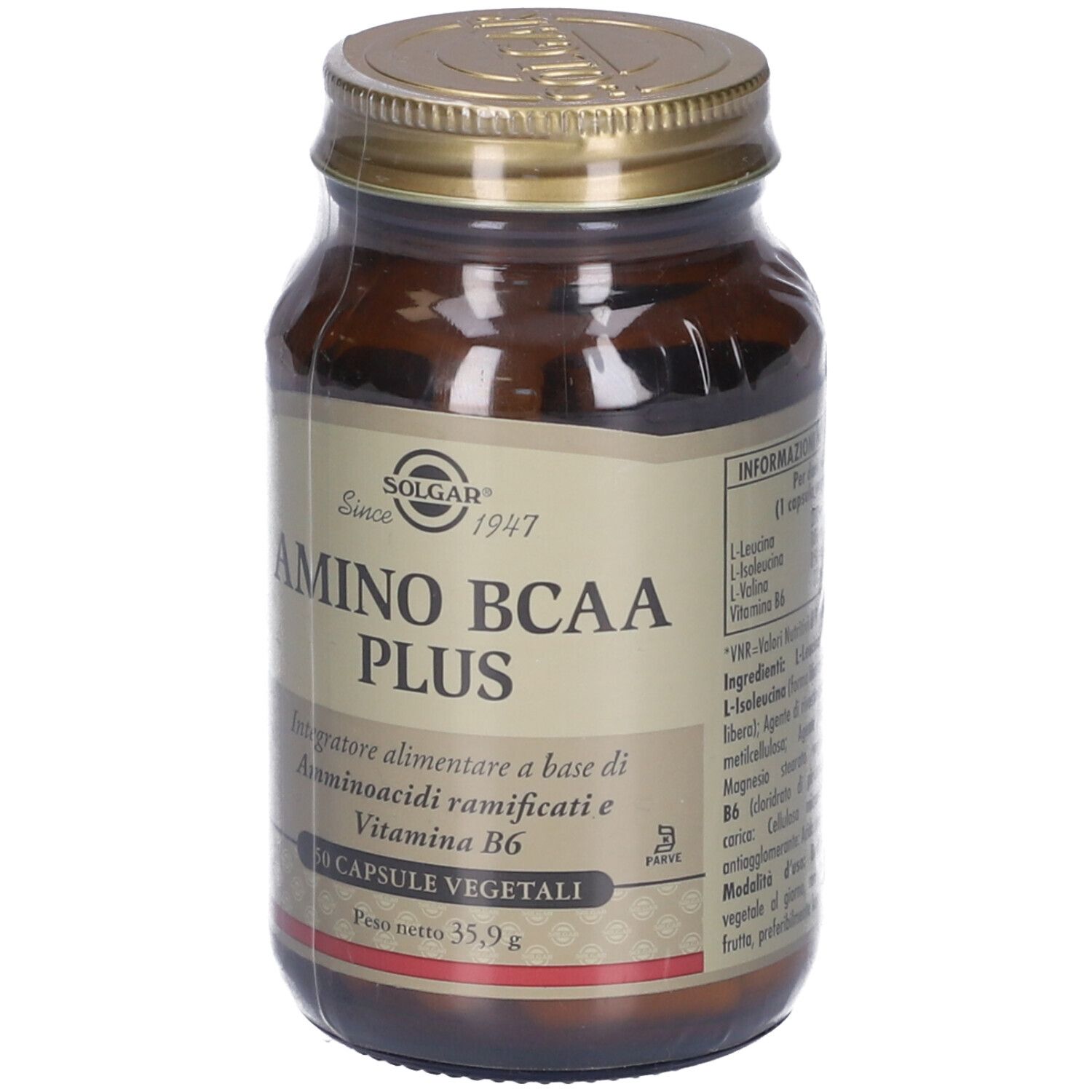 Flacone di vetro marrone con tappo dorato, avvolto in pellicola. Scritta: Solgar Amino BCAA Plus, 50 Capsule Vegetali.