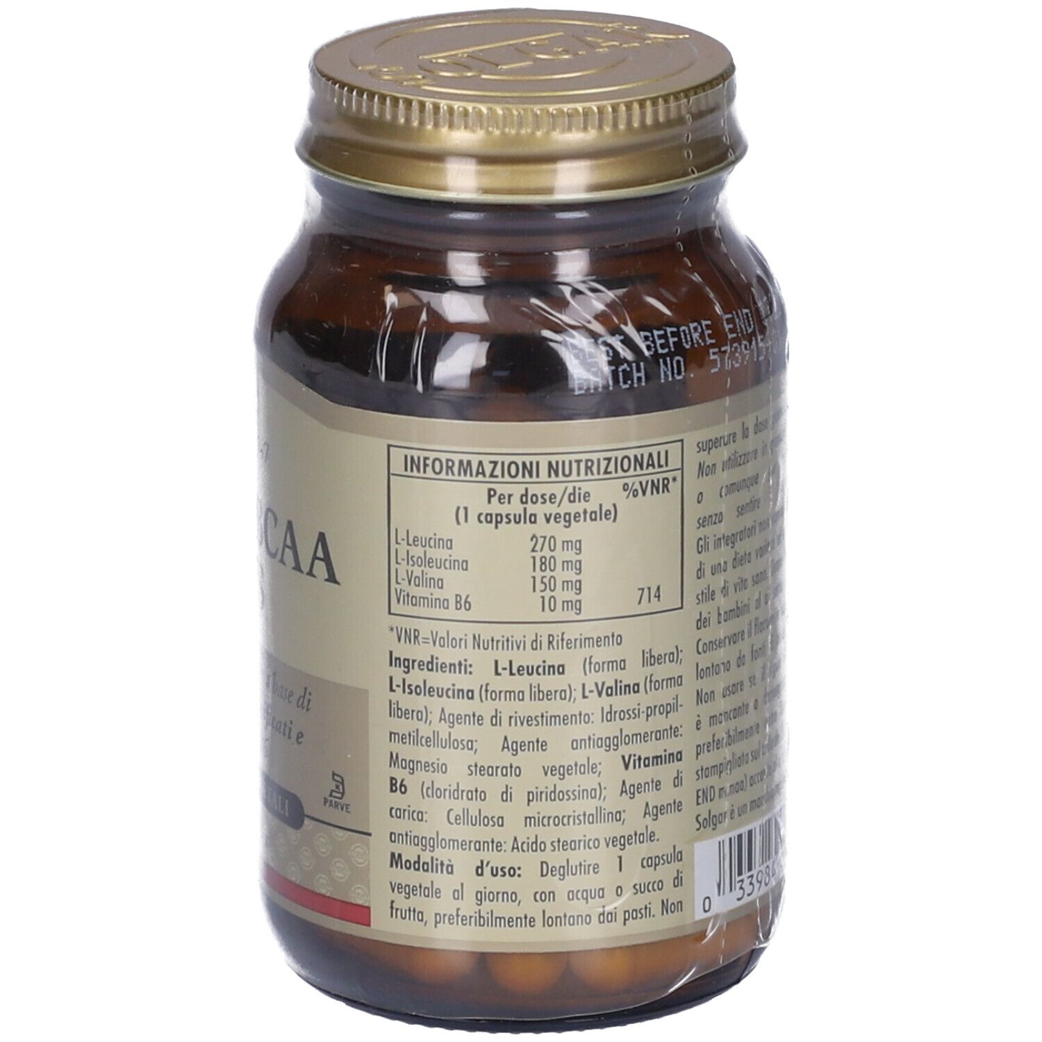 Retro di un flacone di vetro marrone con tappo dorato. Informazioni nutrizionali e lista ingredienti.
