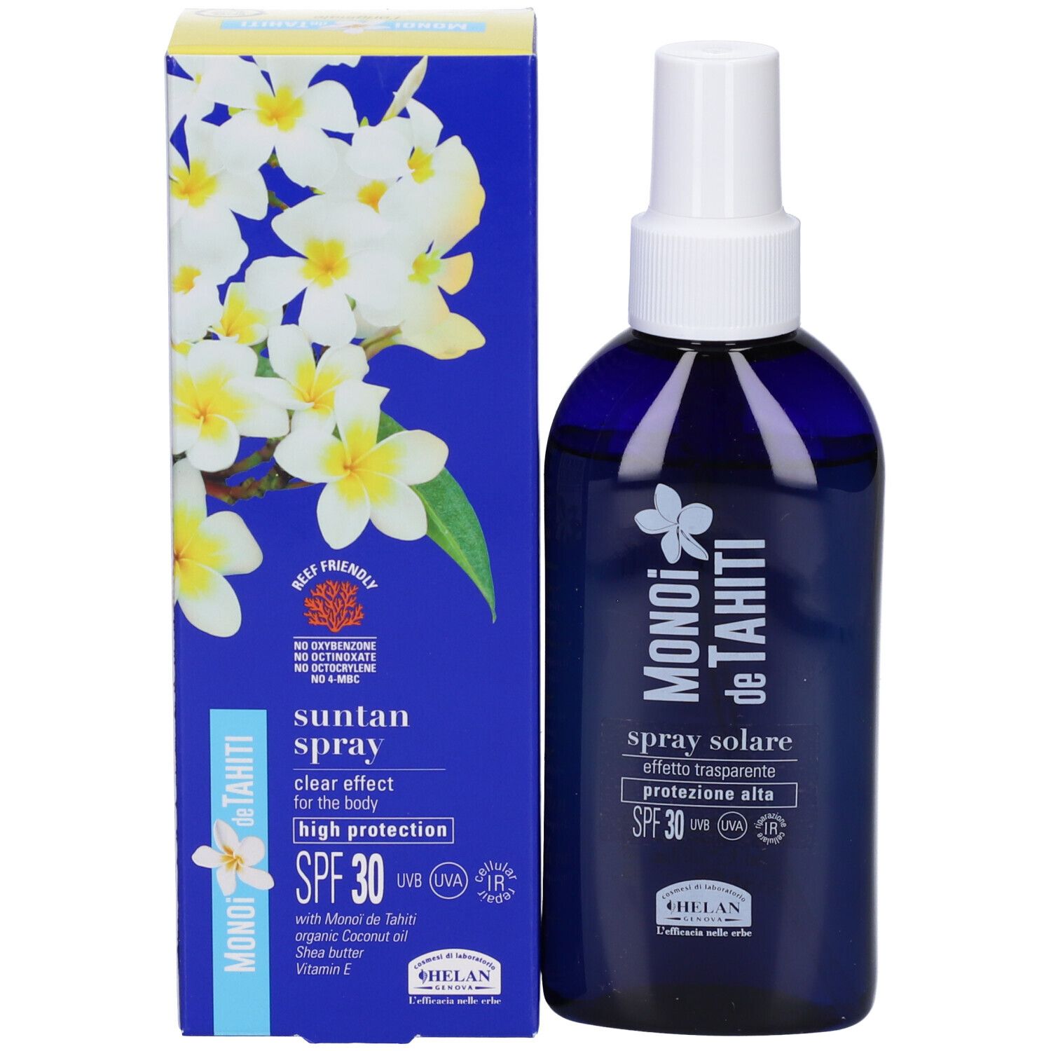 Produkt mit Verpackung. Blaue Schachtel mit Blüten. Aufschrift: MONOI de TAHITI, spray solare, effetto trasparente, SPF30.